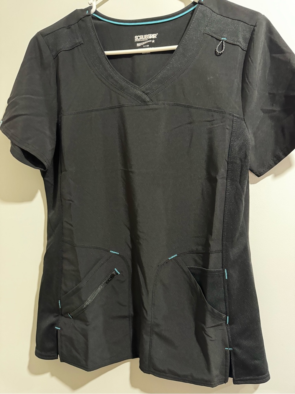 Scrubstar Black V-Neck Scrub Top with Teal Trim